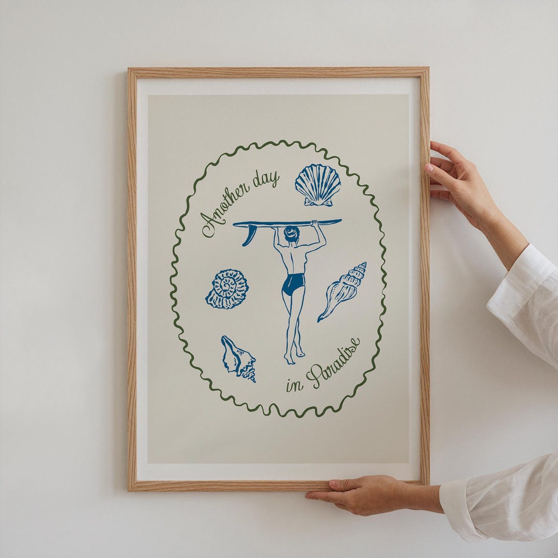 Another Day In Paradise Print Surfer Girl Seashells Coastal Green Art