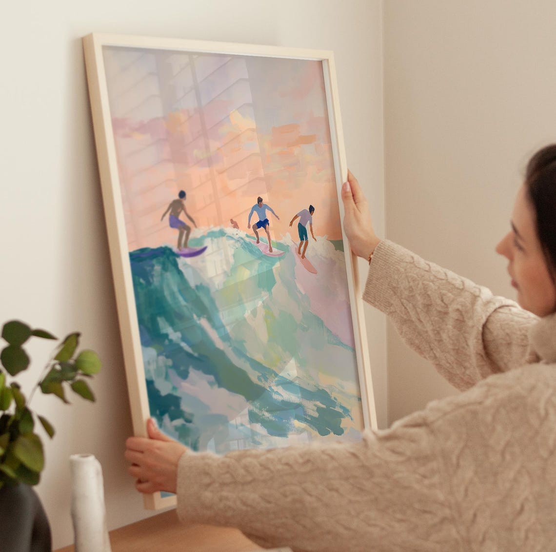 Three Friends Surfing Big Ocean Wave Pastel Beach Painting Poster - Image 3