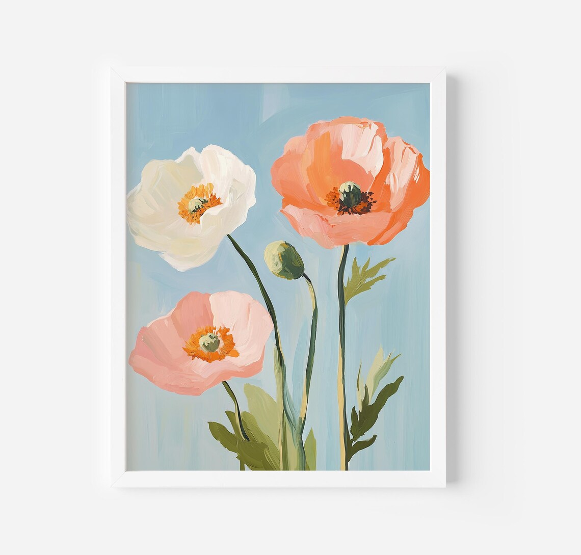 Coral and White Poppy Flowers on Pale Blue Botanical Art Poster