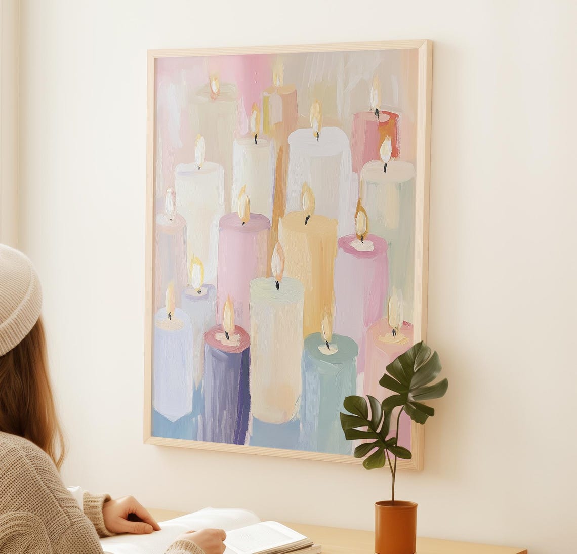 Pastel Pillar Candles Cozy Holiday Glow Soft Christmas Art Poster - Image 2