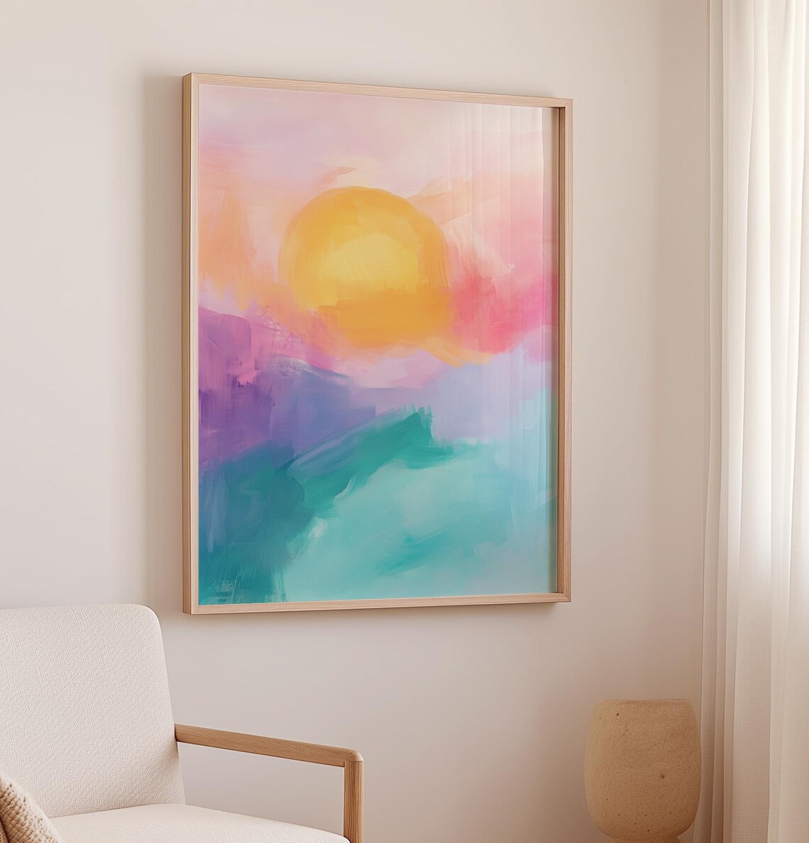 Pastel Sunrise Over Ocean Abstract Sun Landscape Painting Poster - Image 2