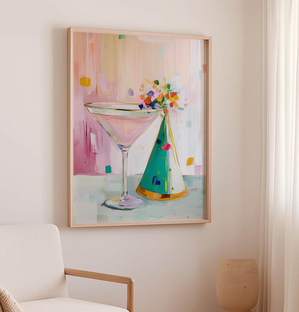 Pink Martini Glass and Party Hat Confetti Festive Bar Cart Decor Poster - Image 3
