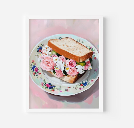 Aesthetic Kitchen Decor Cute Cooking Art Floral Sandwich Print Retro Sandwich Art Flowers Art Print Foodie House Decor Kitchen Poster