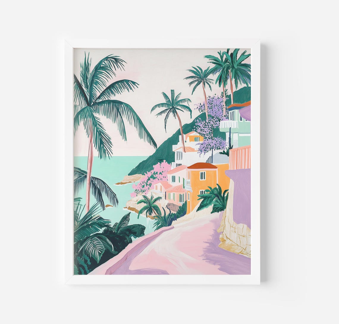 Mediterranean Coastal Village Pastel Palm Trees Seaside View Wall Art