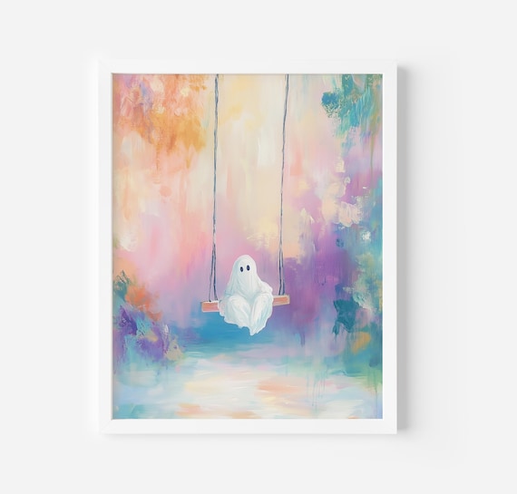 Cute Ghost On A Swing Pastel Halloween Watercolor Painting Poster