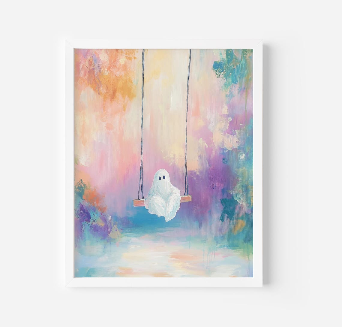 Cute Ghost On A Swing Pastel Halloween Watercolor Painting Poster