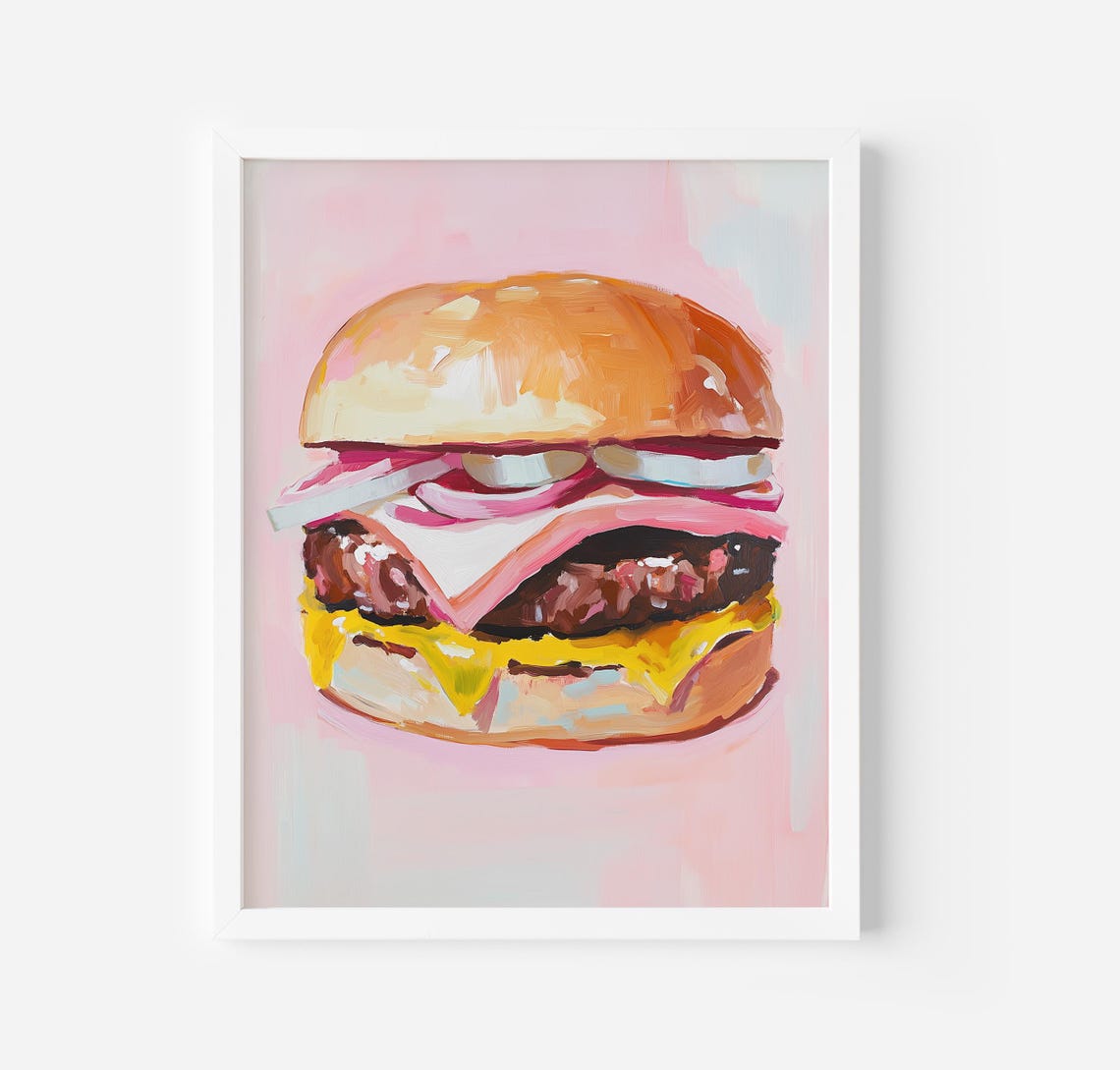 Juicy Cheeseburger With Melted Cheese Retro Pink Kitchen Poster