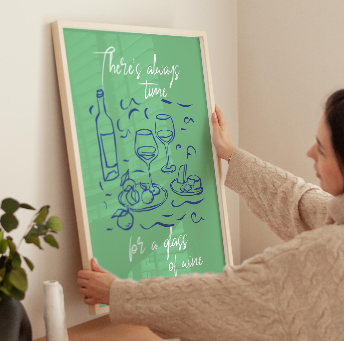 Theres Always Time For A Glass Of Wine Print Green Retro Bar Art Poster - Image 4