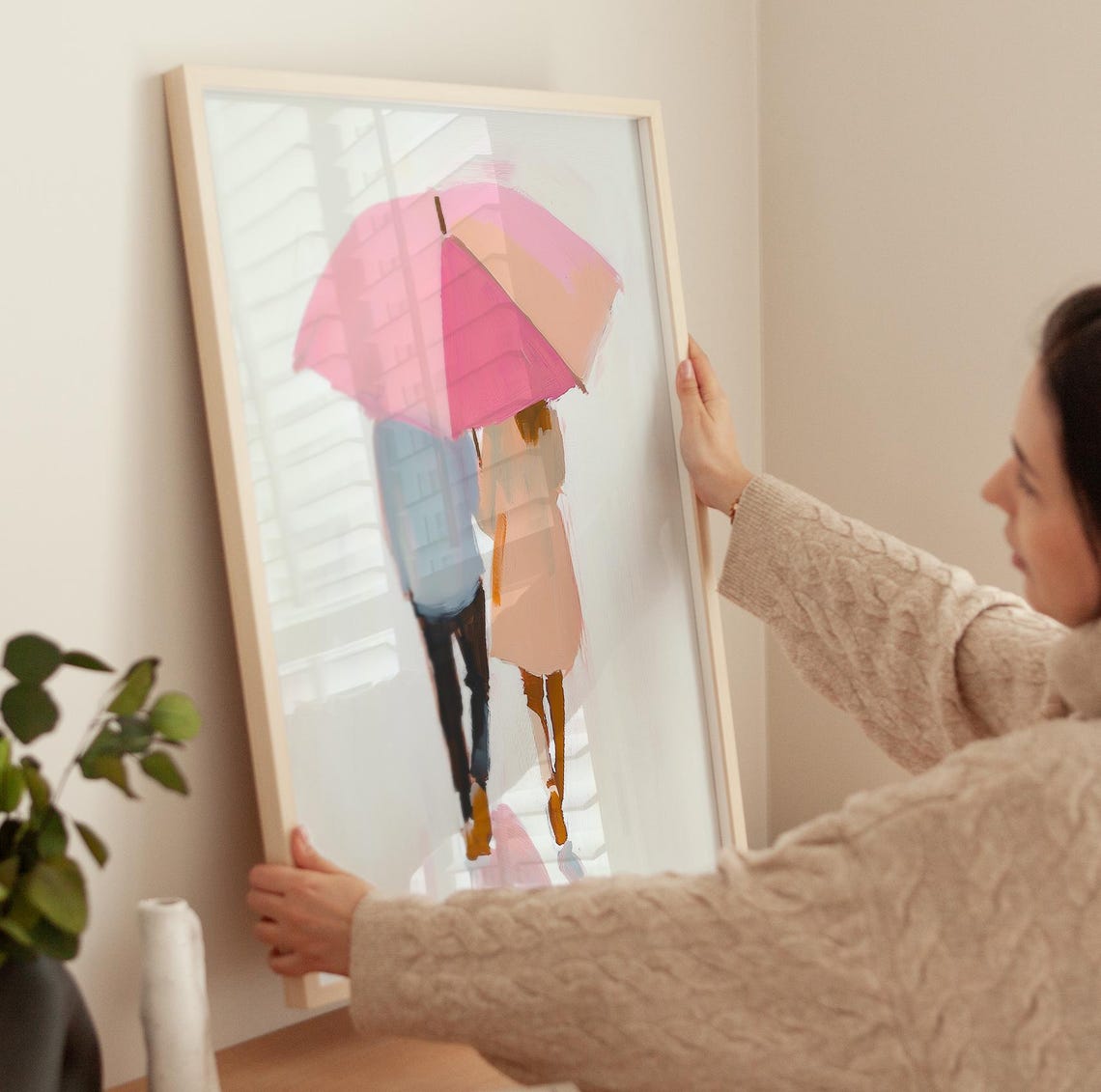 Couple Under Pink Umbrella Romantic Minimalist Love Story Art Poster - Image 3