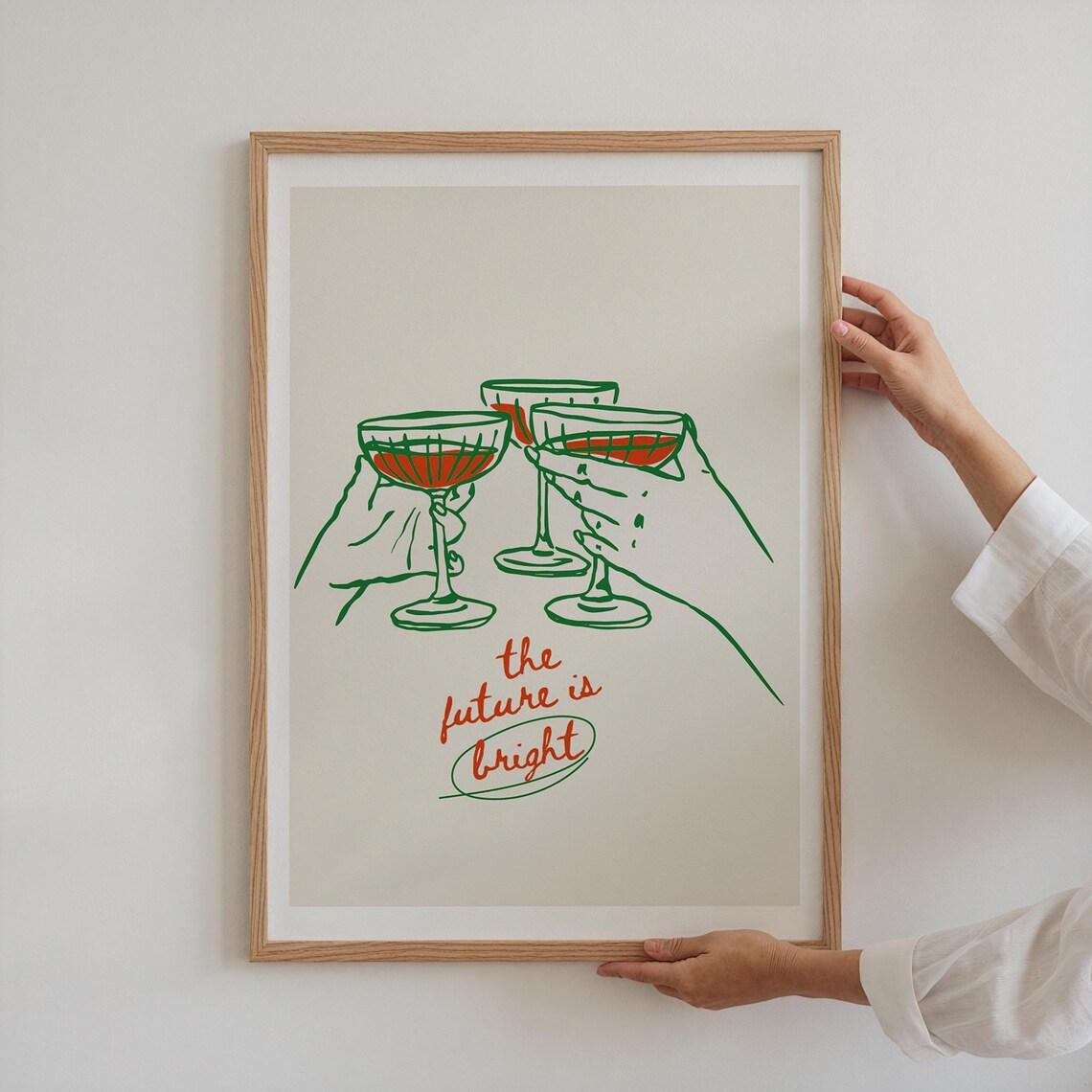 The Future Is Bright Print Champagne Toast Green Line Art Bar Wall Poster