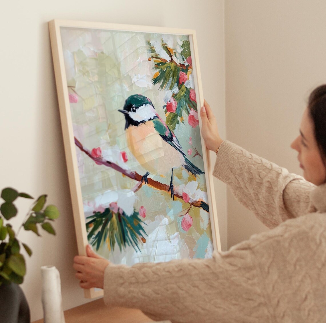 Rustic Winter Chickadee Art Print, Vintage Bird Painting - Image 3