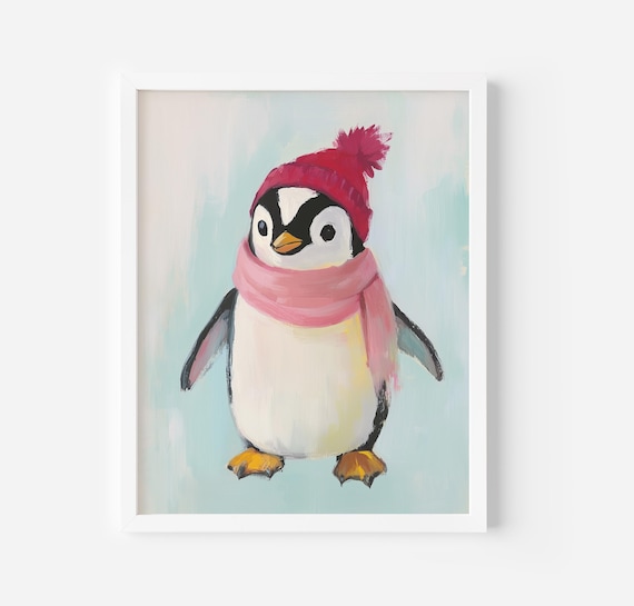 Winter Holiday Penguin Art Print Whimsical Penguin Poster Cute Winter Wonderland Wall Decor Art Winter Nursery Decor
