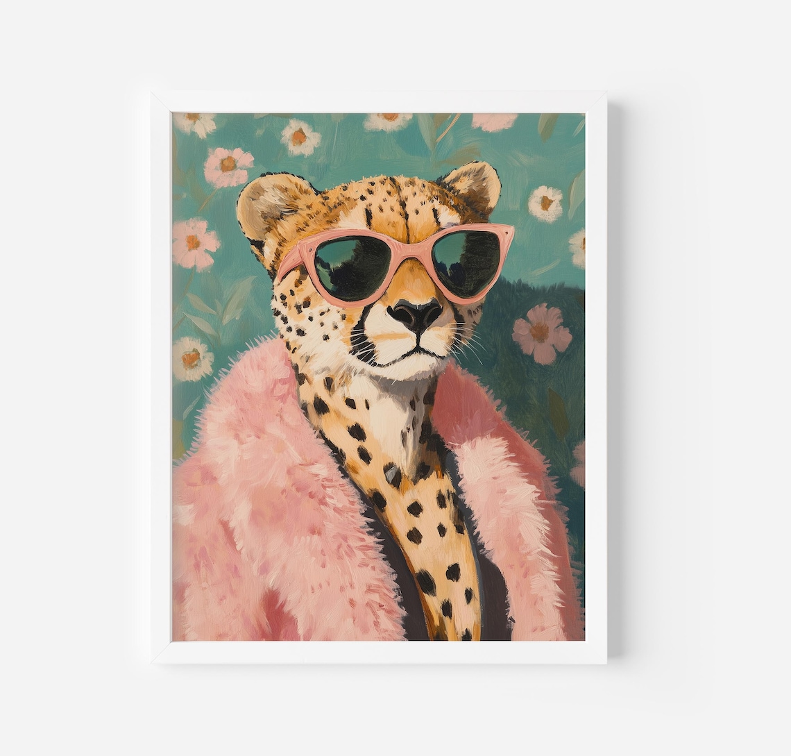 Glamorous Cheetah in Pink Sunglasses and Fur Coat Trendy Safari Art Poster