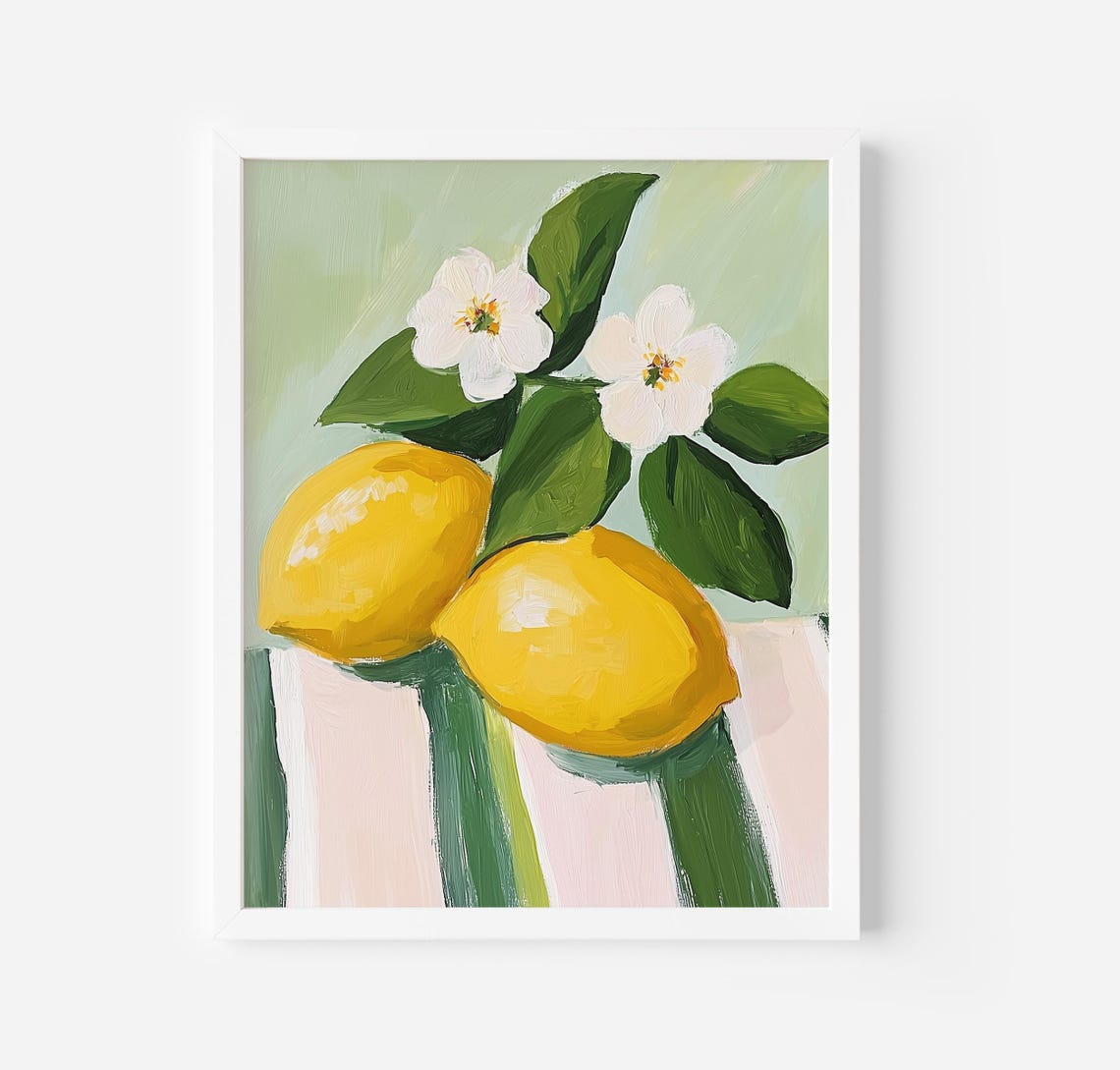Two Lemons With White Blossoms Striped Table Still Life Poster