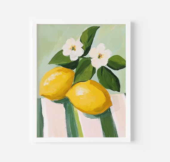 Lemons Art Print Lemons And Stripes Art Daisies Wall Art Kitchen Wall Decor Green Lemon Print Trendy Fruit Print Food