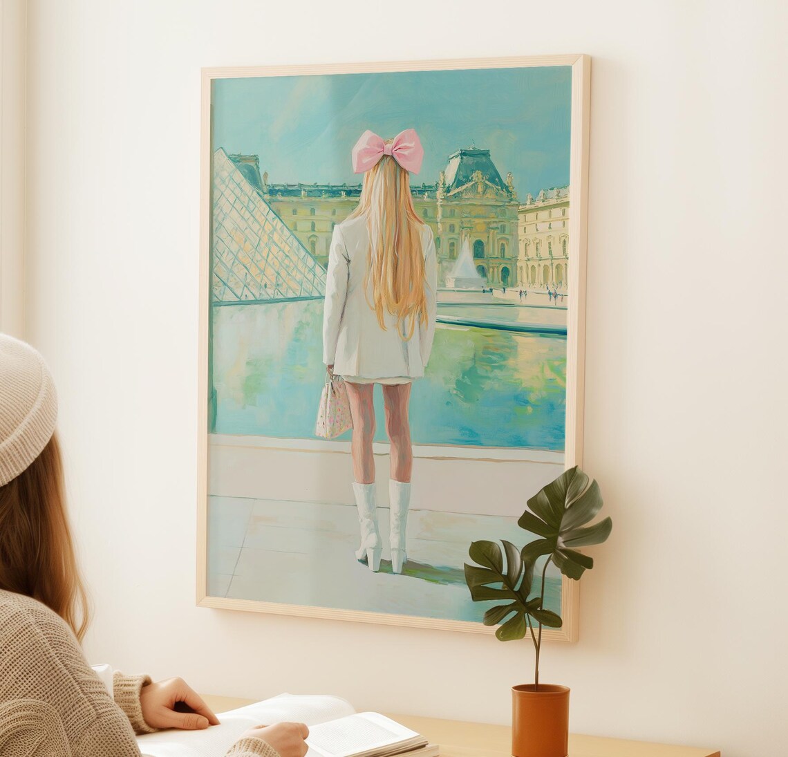 Paris Girl With Pink Bow At Louvre Museum Pyramid Art Poster - Image 2