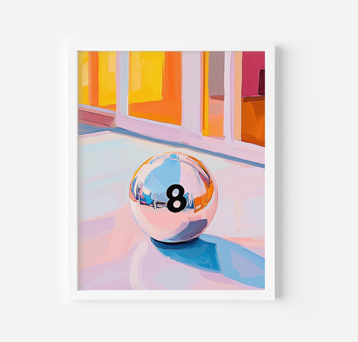 Glossy Shiny Lucky 8 Ball Chrome Sphere Retro Pool Hall Art Poster