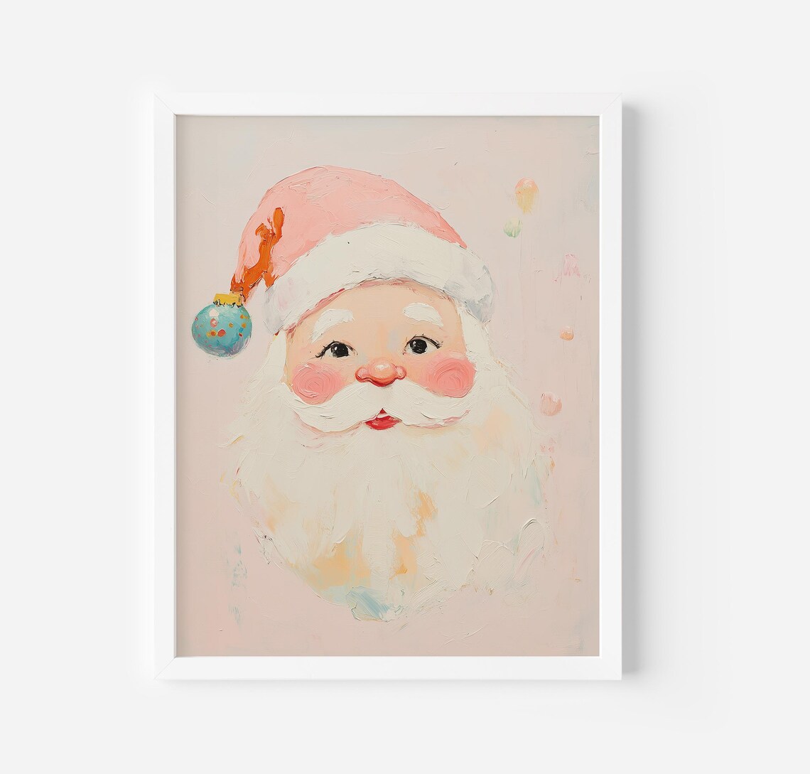 Pink Santa Claus Art Print, Pastel Christmas Decor