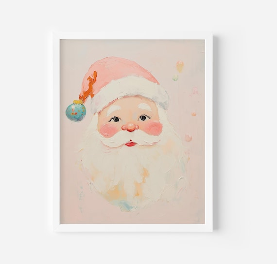 Pink Santa Claus Art Print, Pastel Christmas Decor