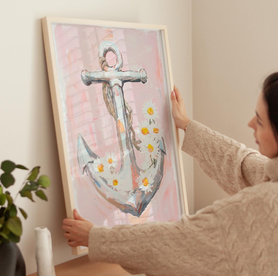 Silver Anchor with Daisies Pink Nautical Coastal Sea Decor Poster - Image 3