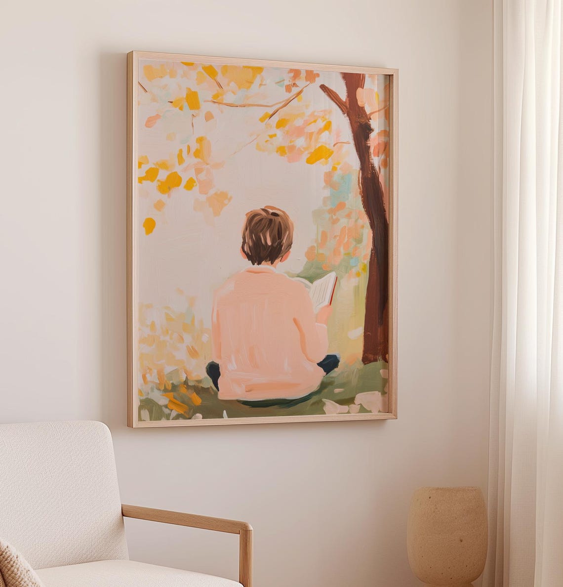 Boy Reading Under A Tree Autumn Leaves Book Lover Painting Poster - Image 2