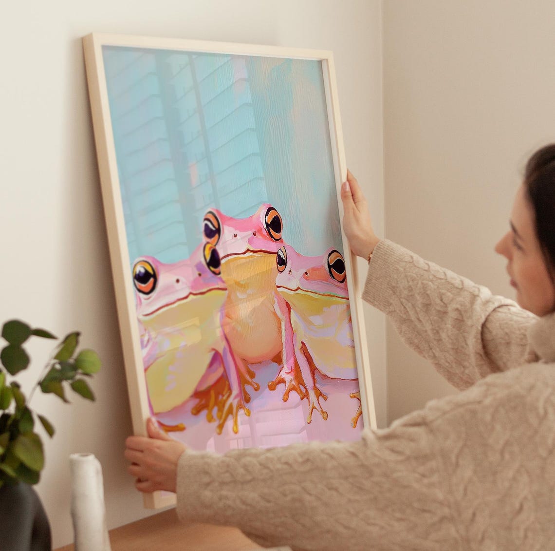 Playful Three Cute Pink Frogs Whimsical Pastel Nursery Art Poster - Image 3