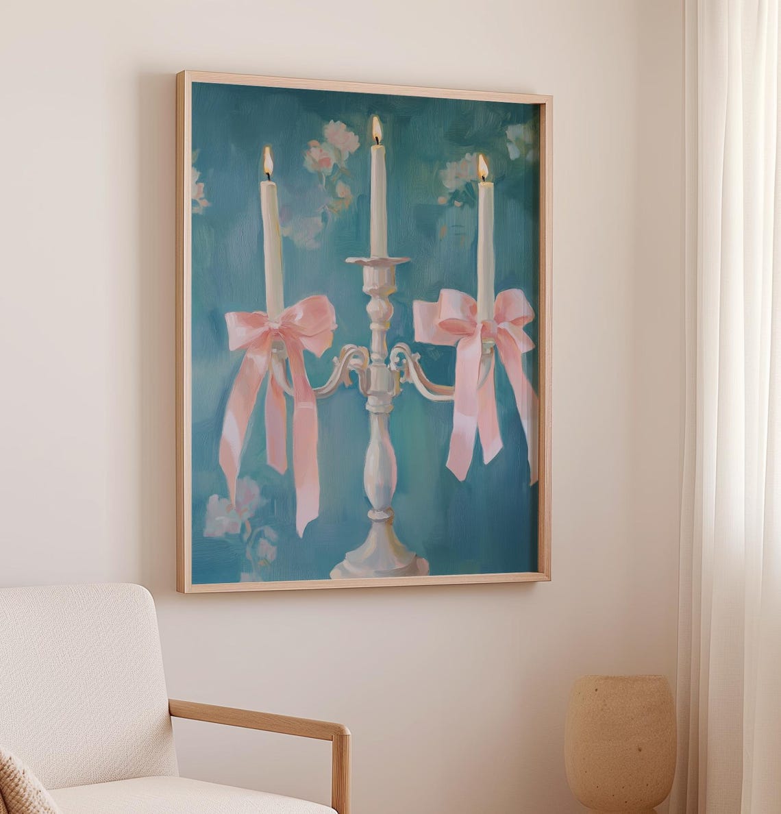 Lit Candelabra With Pink Bows On Teal Elegant Room Art Poster - Image 3