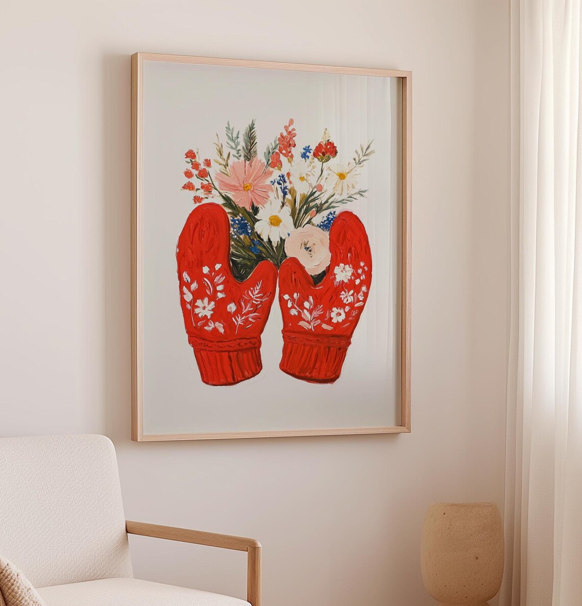 Cozy Red Knit Mittens Fresh Wildflower Bouquet Winter Art Poster - Image 2