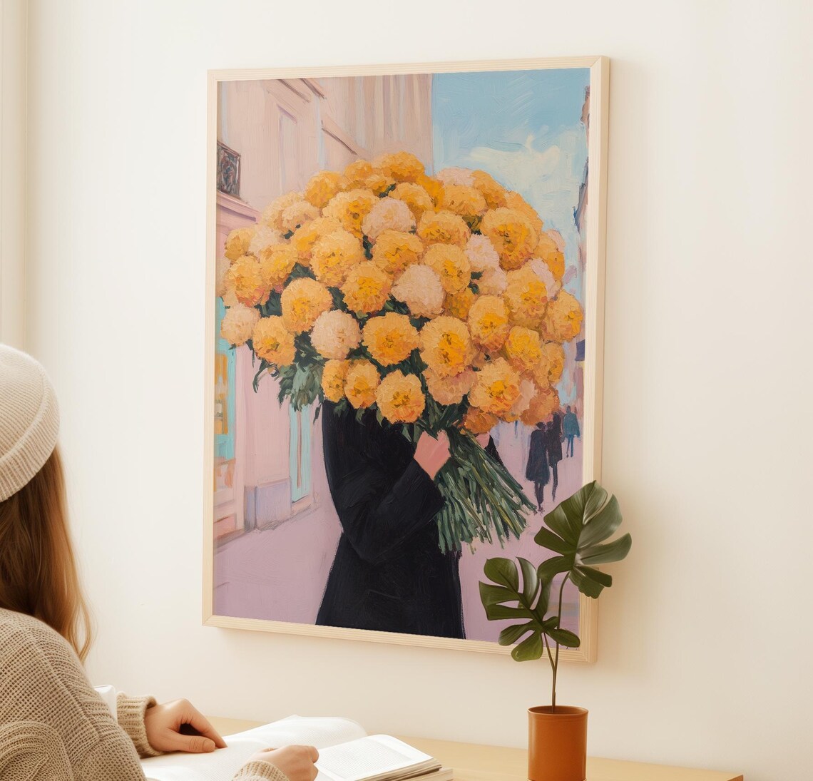 Giant Yellow Marigold Bouquet Carrier Street Scene Floral Art Poster - Image 2