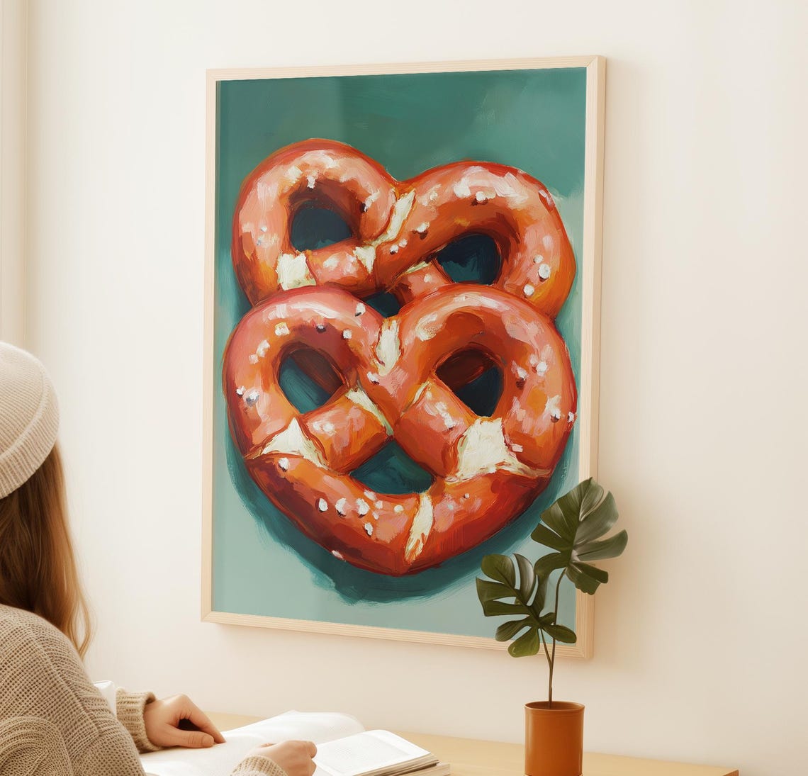 Classic Salted Pretzels Pair On Teal Kitchen Food Art Poster - Image 2