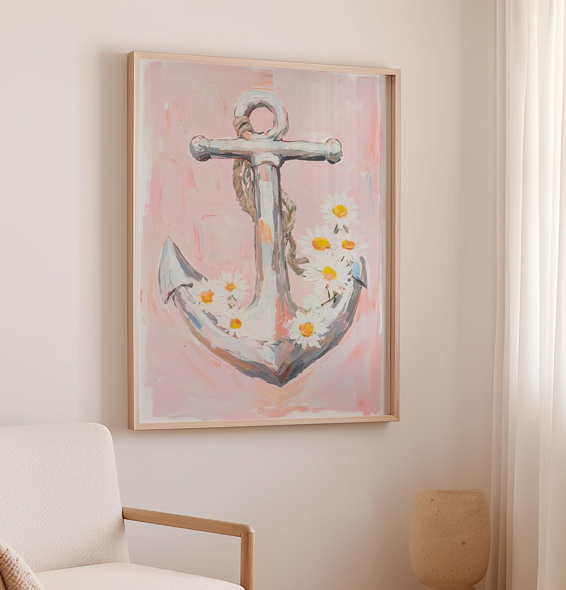 Silver Anchor with Daisies Pink Nautical Coastal Sea Decor Poster - Image 2