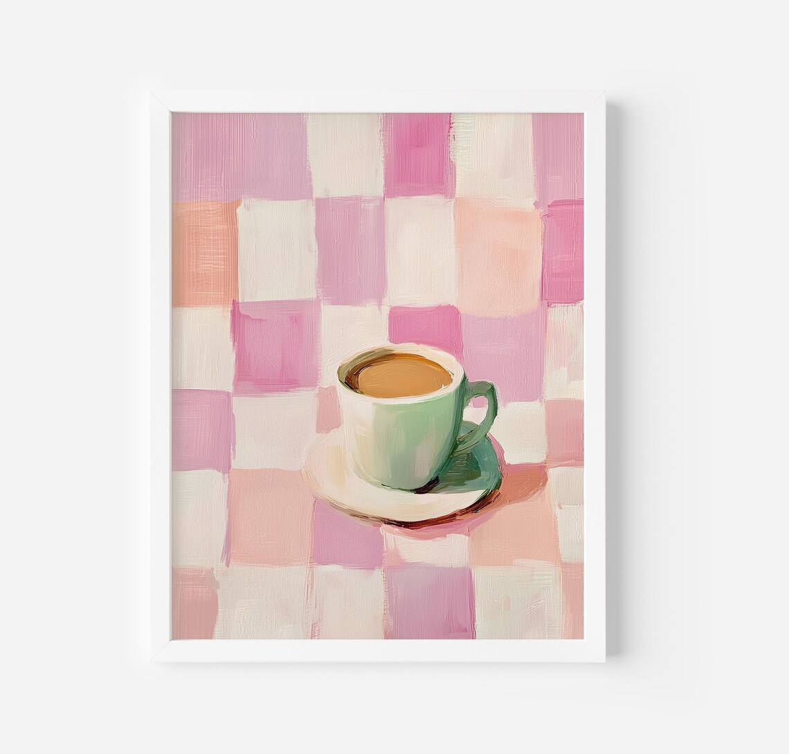 Coffee With Checkered Print, Vintage Kitchen Art - Image 3