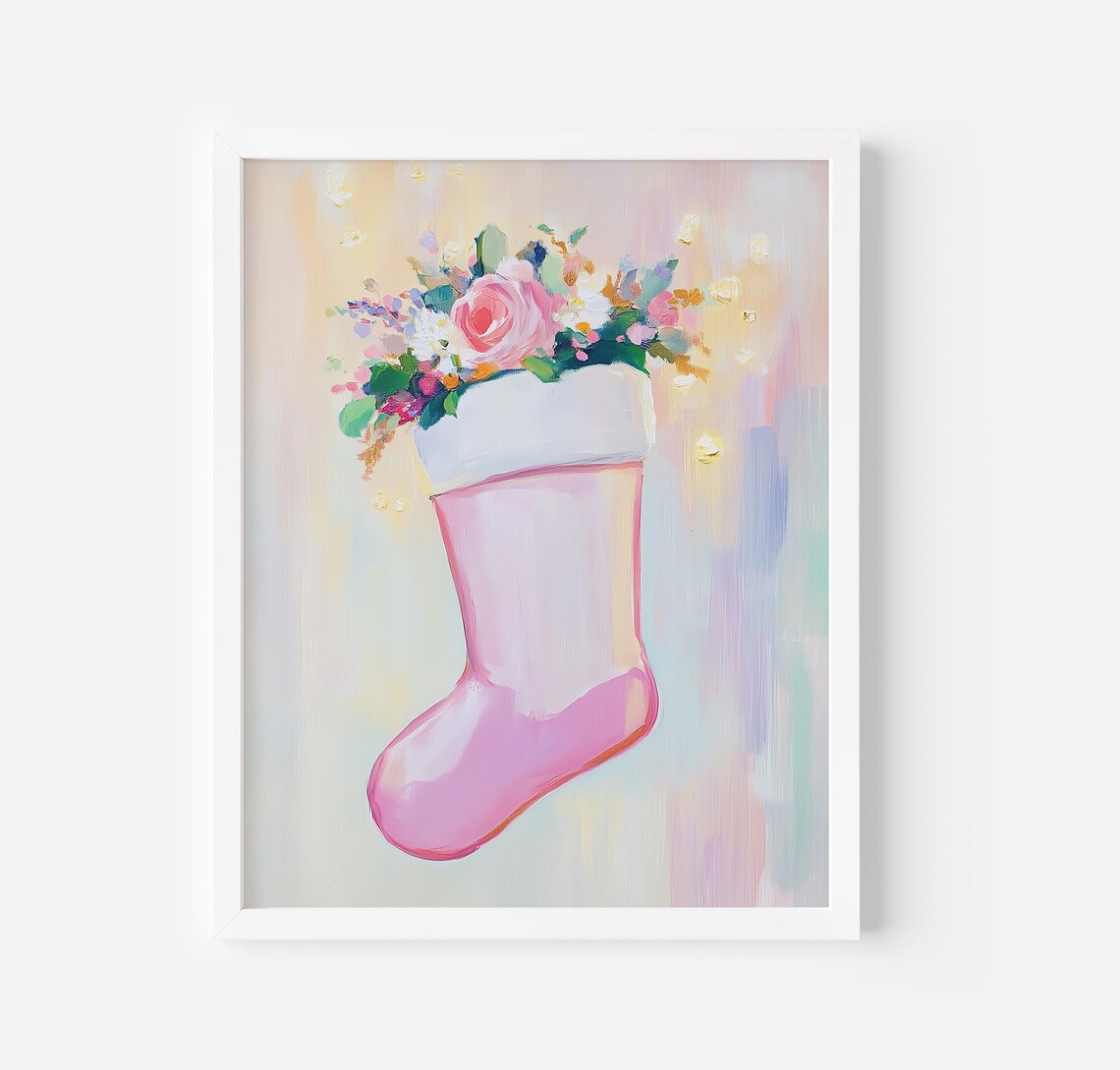 Pink Christmas Stocking Filled With Flowers Pastel Holiday Poster - Image 3