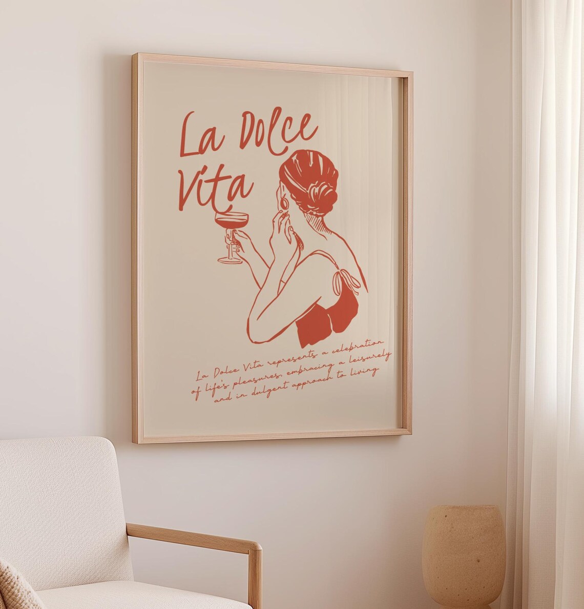 La Dolce Vita Woman Sipping Wine Red Sketch Italian Quote Wall Poster - Image 3