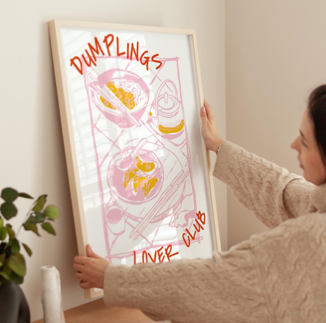 Dumplings Lover Club Pink Retro Asian Food Sketch Kitchen Wall Poster - Image 4
