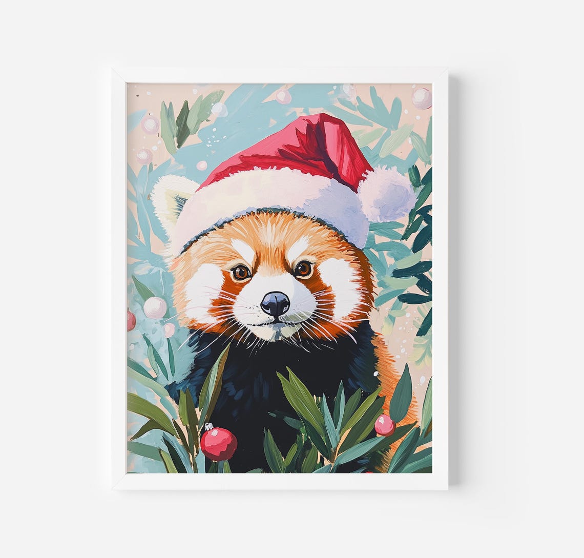 Cute Red Panda Wearing Santa Hat Among Eucalyptus Leaves Poster