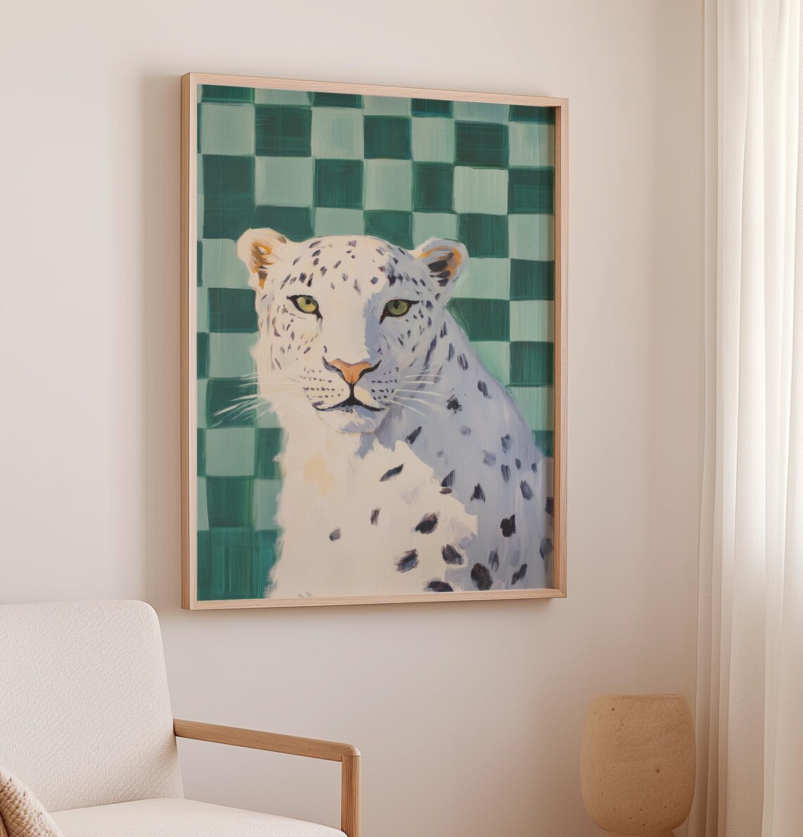White Leopard on Green Checkered Background Pop Art Big Cat Decor Poster - Image 2