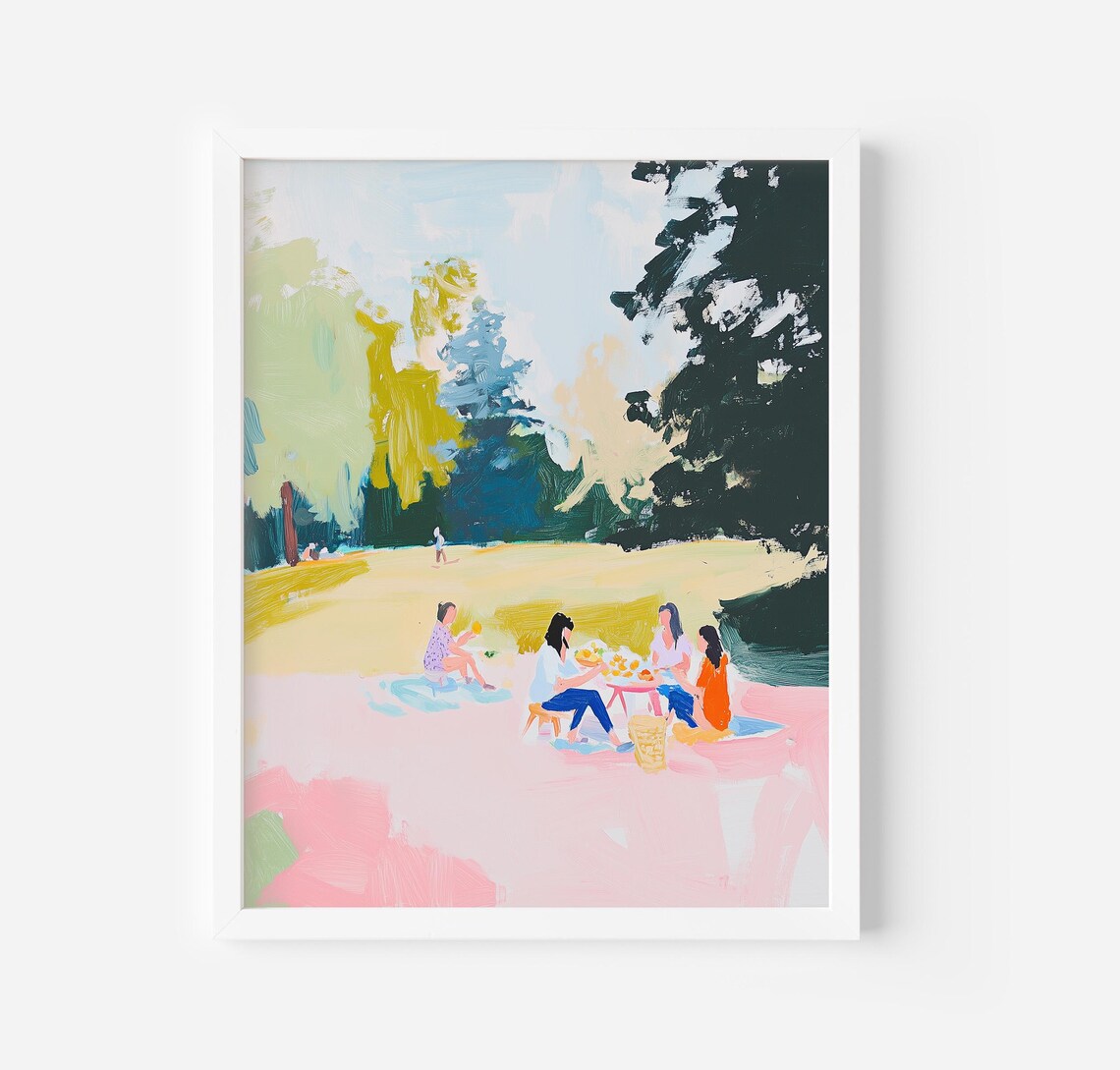 Girls Picnic In A Sunny Park Meadow Impressionist Painting Poster