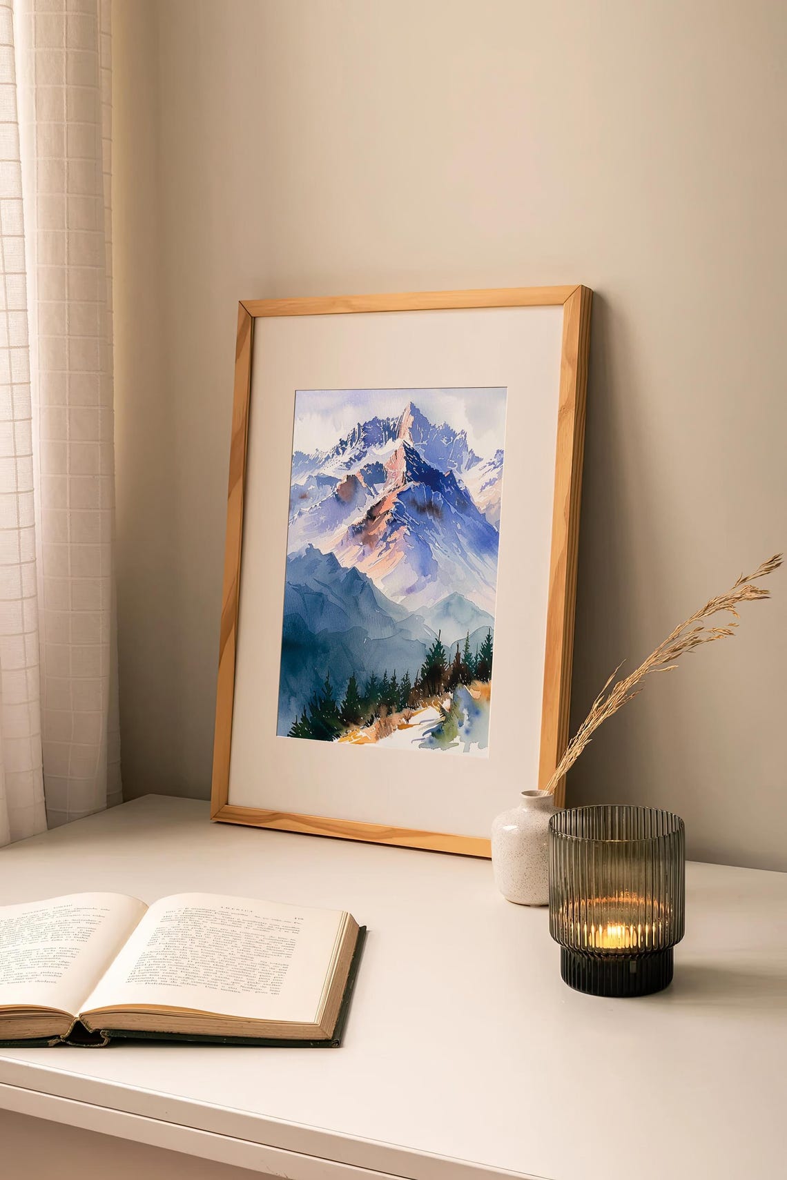 Snowy Blue Mountain Peaks Pine Trees Watercolor Winter Poster - Image 3
