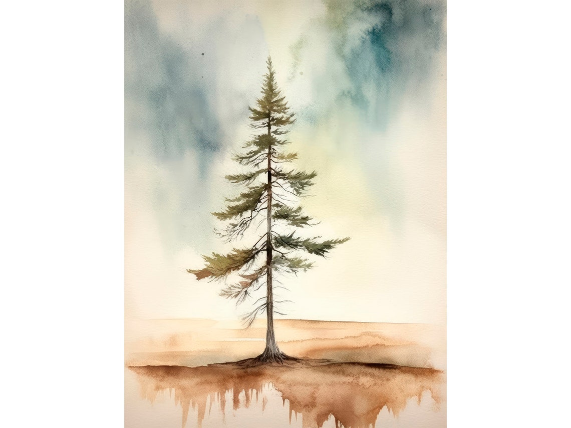 Stunning Lone Pine Tree Minimalist Sepia Sky Watercolor Poster