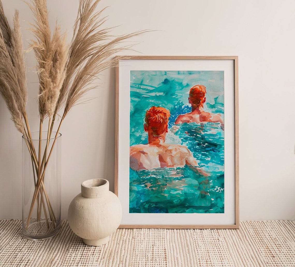 Two Red Haired Men Swimming Turquoise Sea Watercolor Summer Poster - Image 4