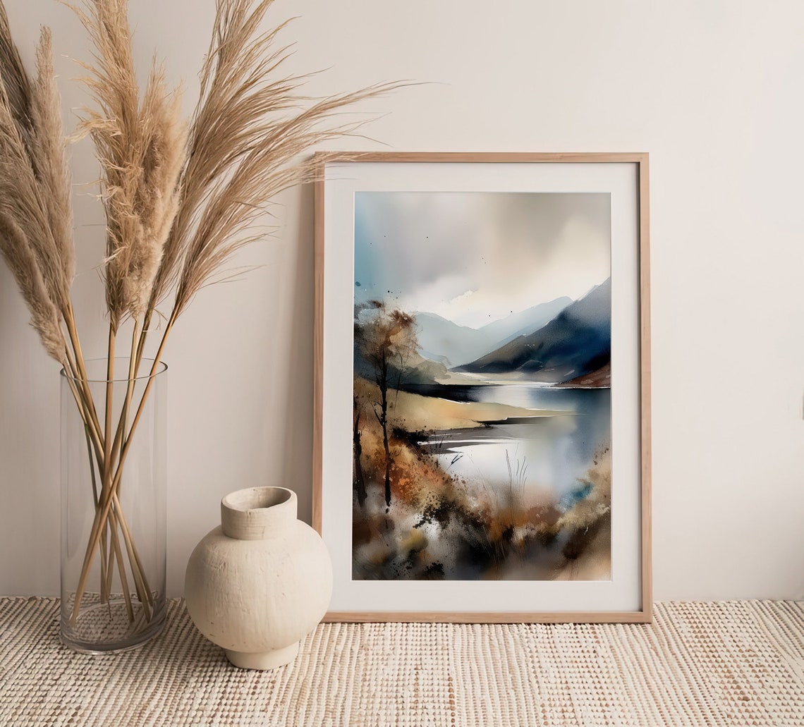 Scottish Highlands Misty Loch Watercolor Moody Landscape Poster - Image 2