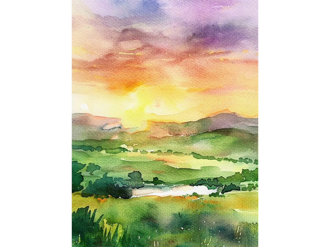Ireland Watercolor Landscape Art Print, Sunset Meadow