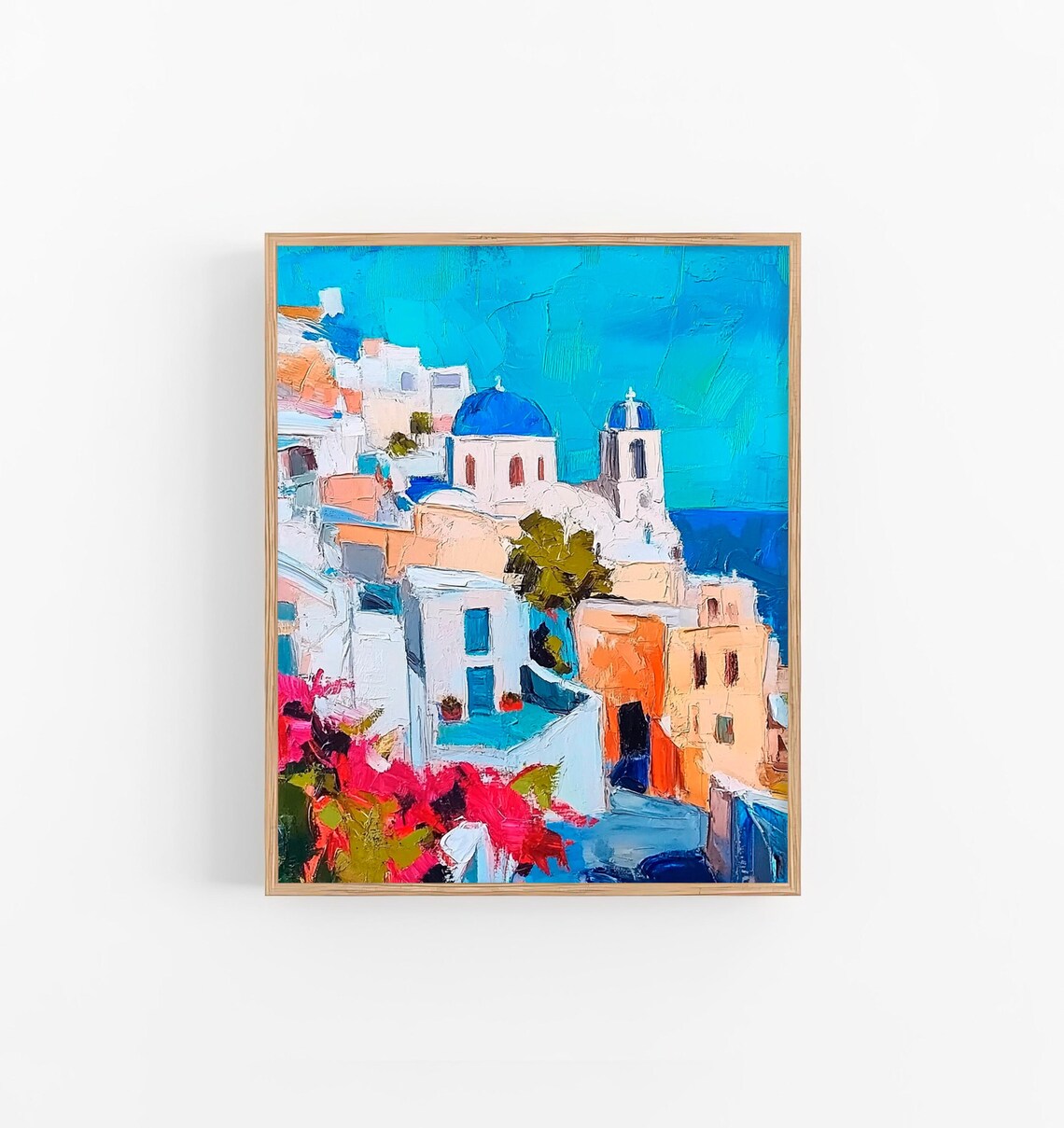 Stunning Santorini Blue Domes Greece Oil Painting Style Poster