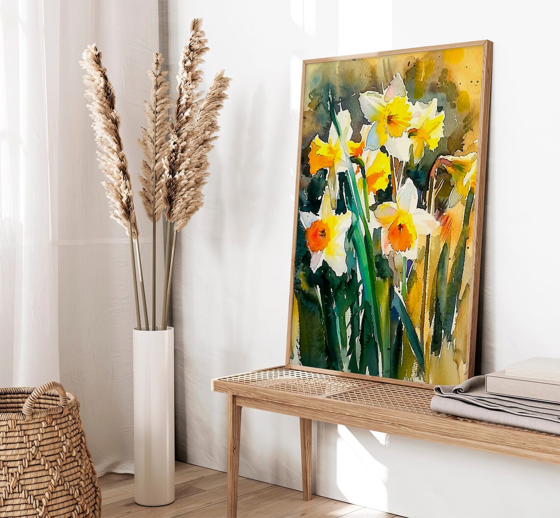 Yellow Daffodils Spring Flowers Watercolor Botanical Floral Wall Art - Image 3