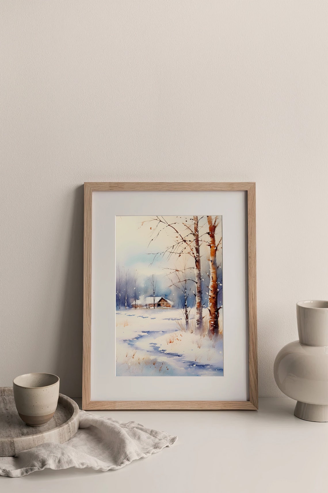 North Dakota Winter Watercolor Snowy Cabin Birch Trees Scene Poster - Image 2