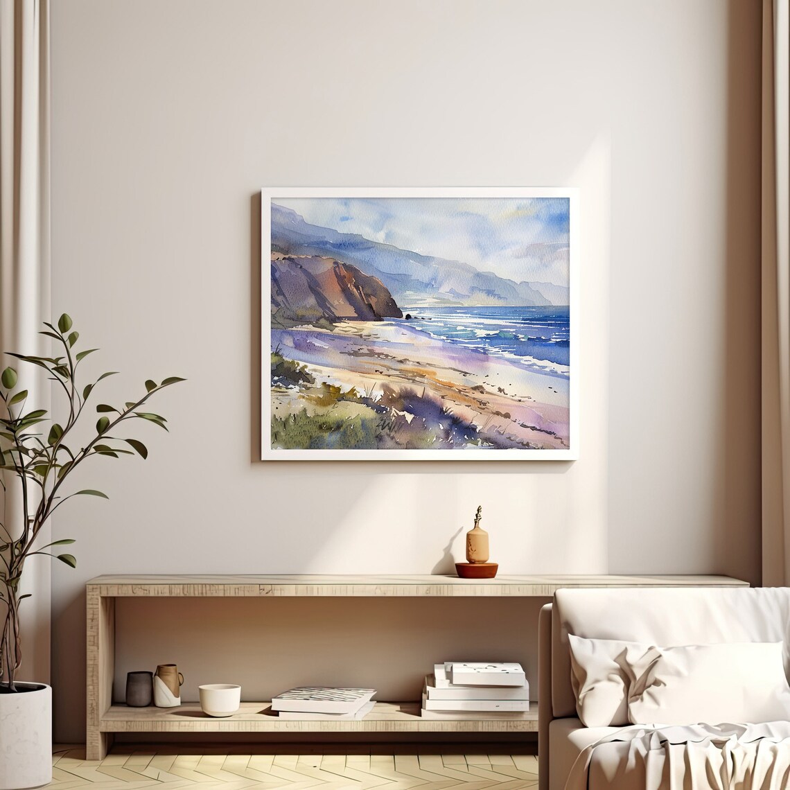 California Coastline Sandy Beach Rocky Cliffs Surf Watercolor Beach Poster - Image 2