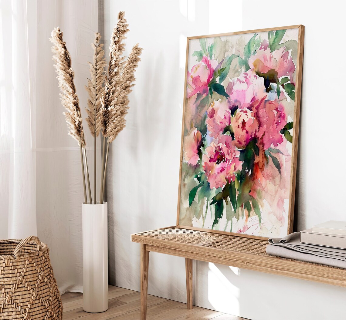 Pink Peonies Watercolor Lush Floral Bouquet Soft Blush Blooms Poster - Image 2