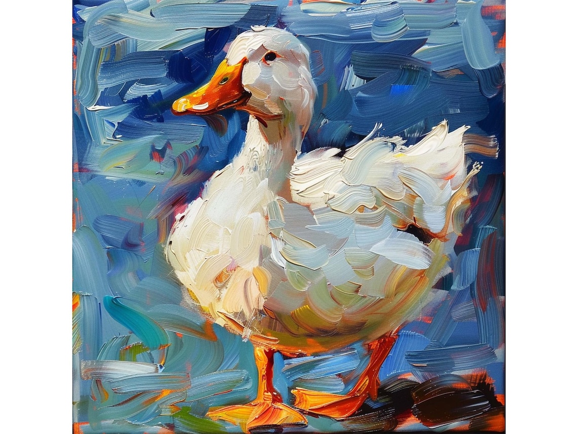 White Duck Oil Painting Impasto Bird Bright Blue Nature Art Poster