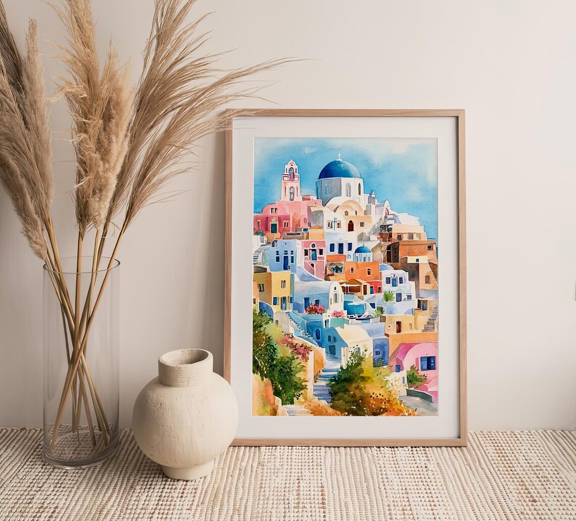Santorini Blue Dome Church Whitewashed Houses Greece Watercolor Poster - Image 4
